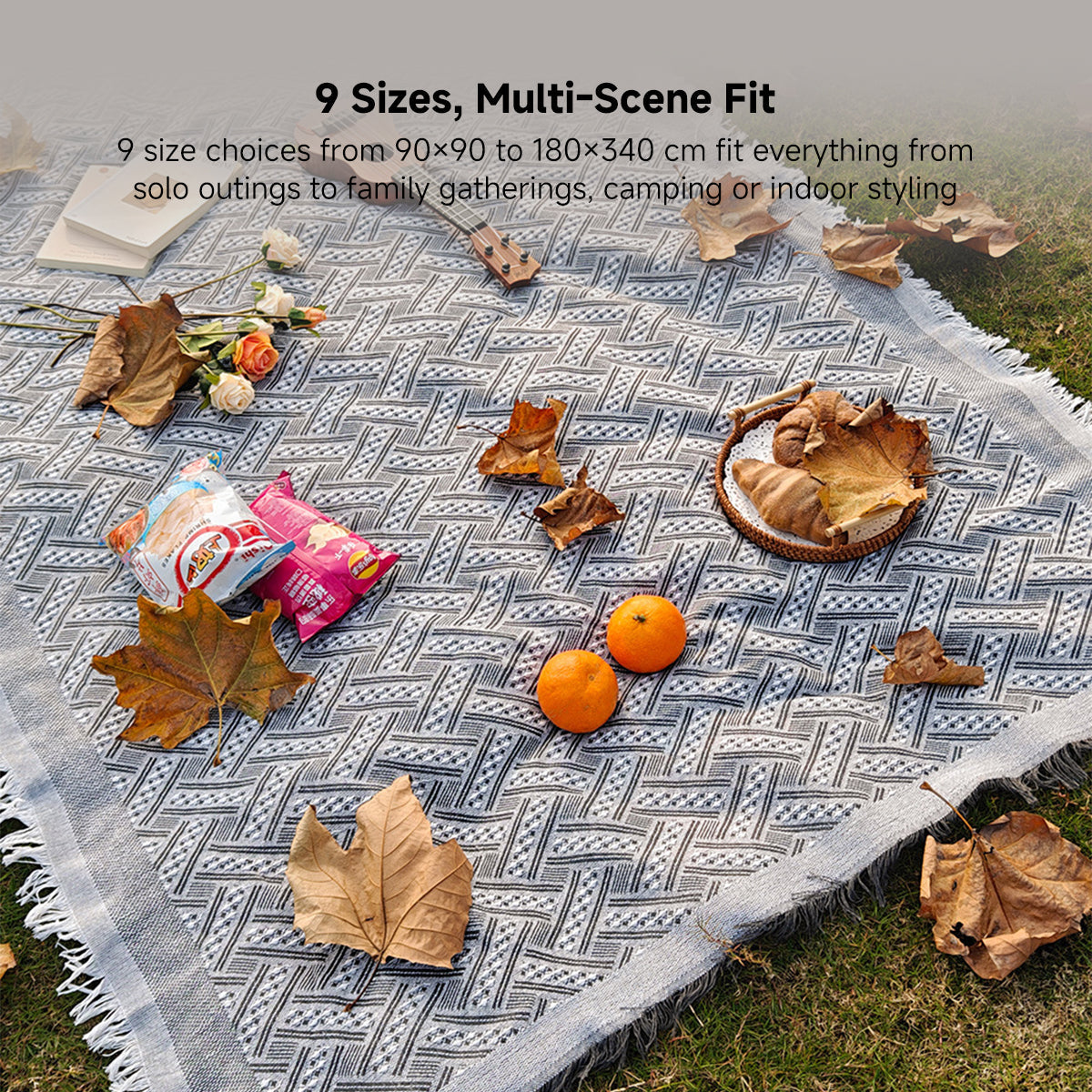 Boho chic checkered camping blanket, durable and versatile for indoor/outdoor use