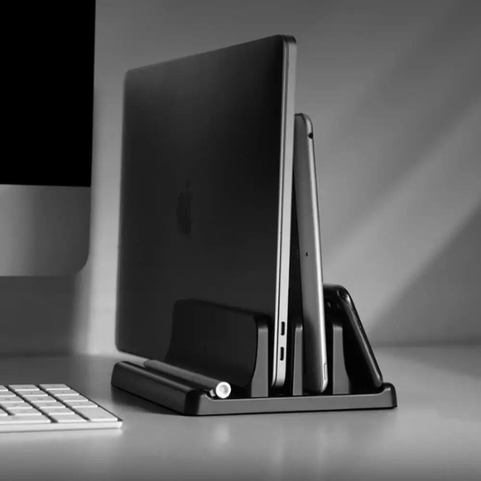 Vertical laptop stand organizer, universal, space-saving for desks. Adjustable for notebooks & MacBooks.