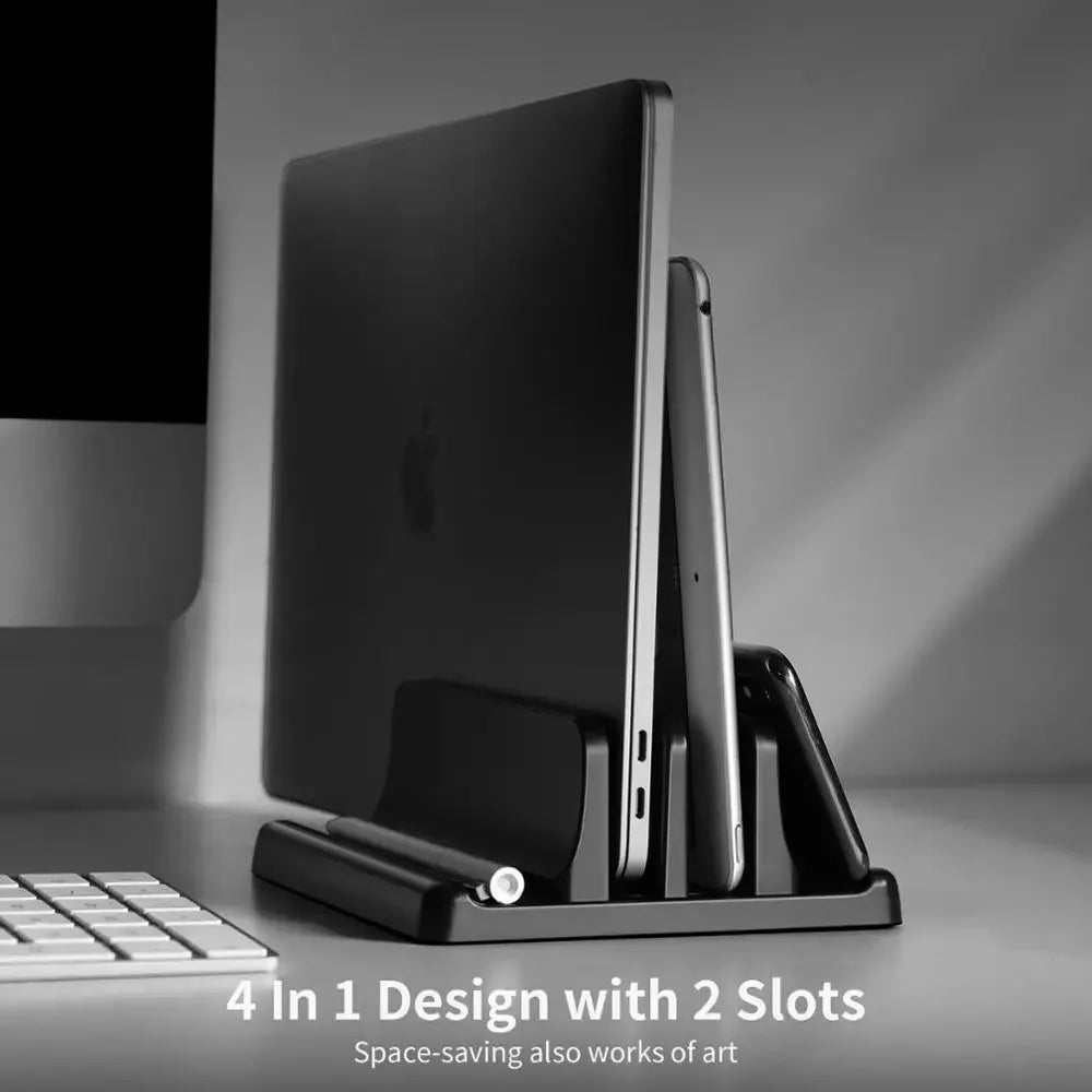 Universal vertical laptop desk stand to organize workspace. Keeps notebooks upright, improves desk space.