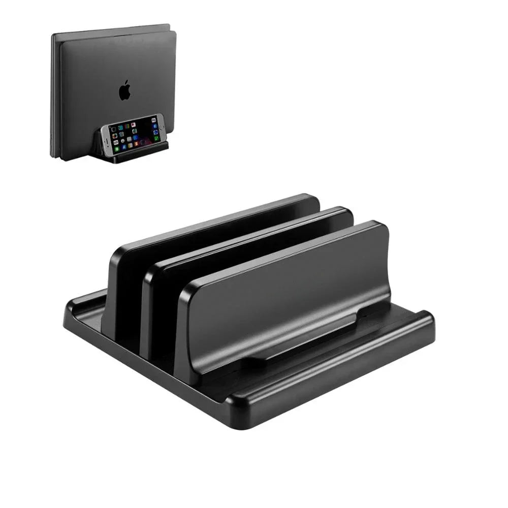 Efficient vertical laptop stand organizer for a tidy tech setup. Space-saving desk accessory for home office.