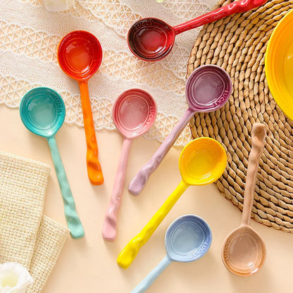 Vibrant 8-piece ceramic serving spoons set for kitchen & dining. Colorful tableware utensils.