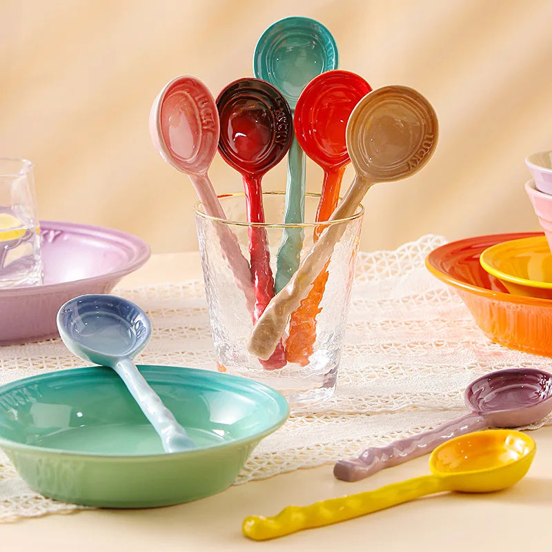 High-quality 8-piece ceramic serving spoons set, vibrant colors, perfect kitchen gift.