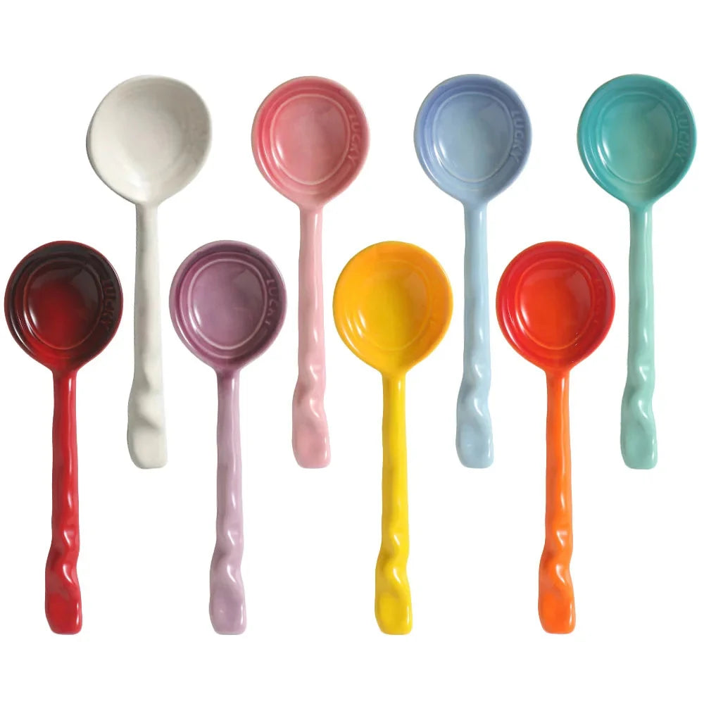 Modern 8-piece ceramic serving spoons, colorful kitchen and dining tableware gift set.