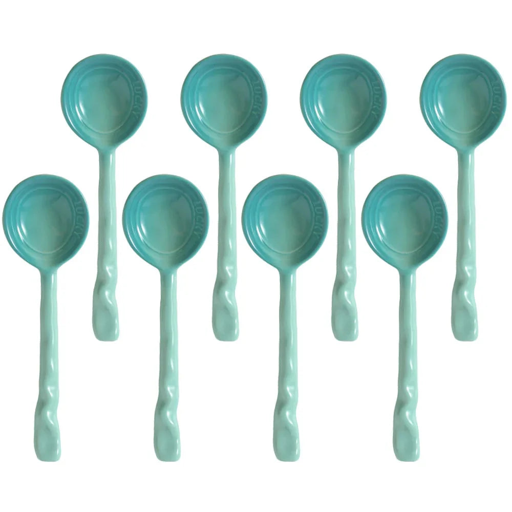 Bright ceramic serving spoons, 8-count kitchen utensils, enhancing your dining table.