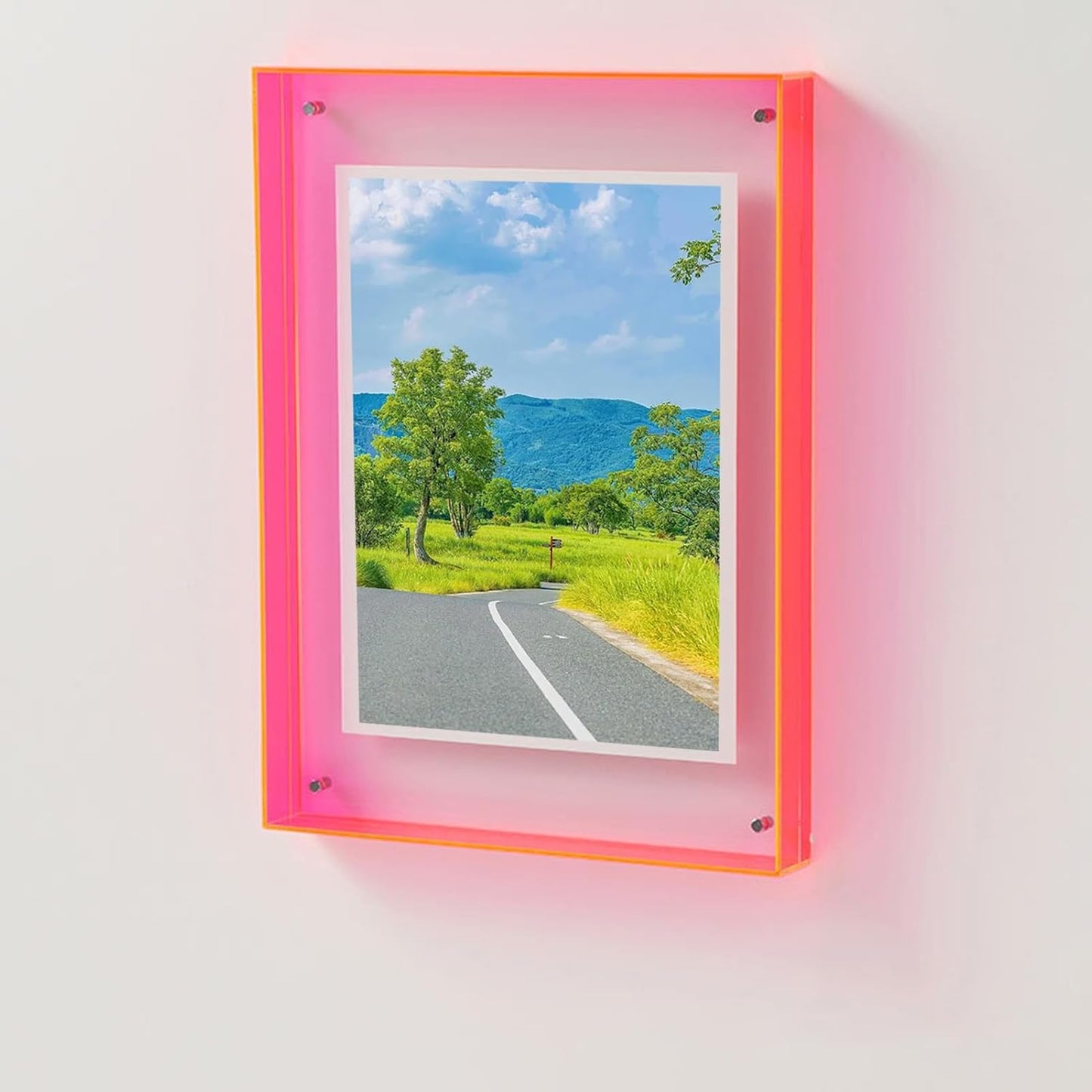 Vibrant acrylic photo frame, modern colorful wall display and desk accessory.