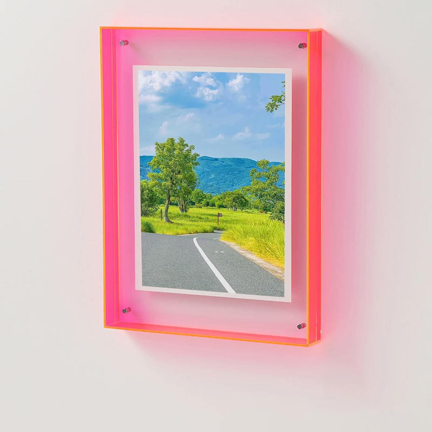 Vibrant acrylic photo frame, modern colorful wall display and desk accessory.