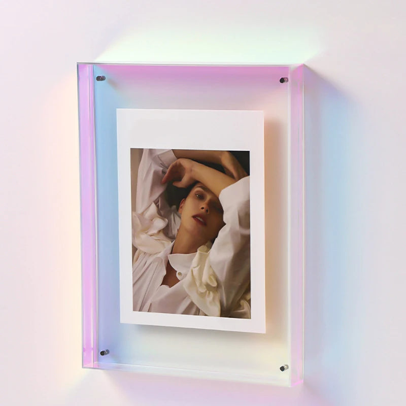 Premium vibrant acrylic photo frame, modern colorful decor for wall or desk display.