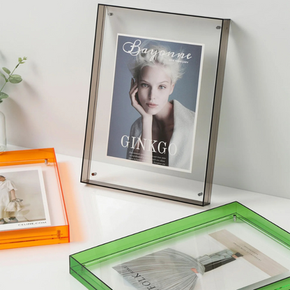 Sleek vibrant acrylic photo frame, modern colorful decor for wall display or desk.