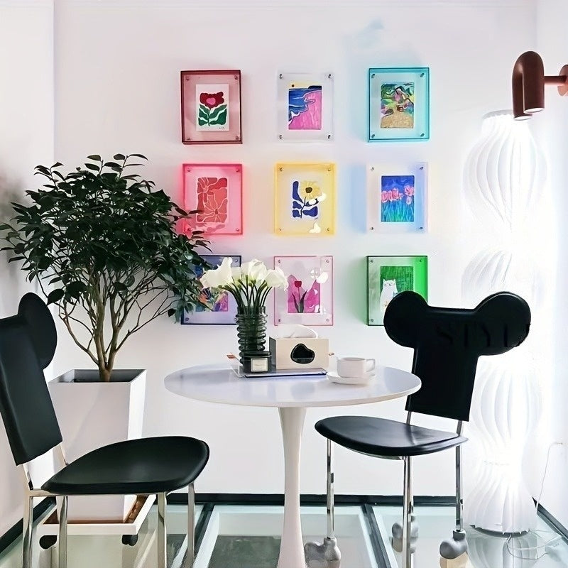 Modern vibrant acrylic photo frame, colorful decor, wall art, desk accessory, home accent.