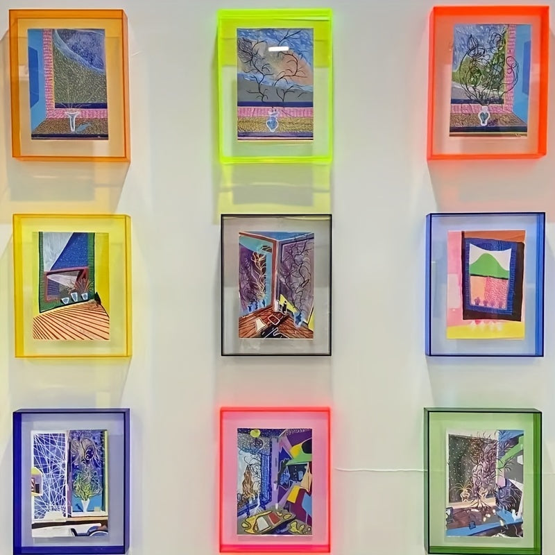 Bright acrylic photo frame, ideal for a vibrant wall display or modern desk decor.