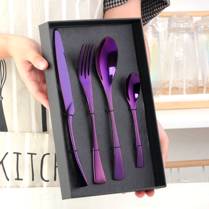 Vibrant, elegant stainless steel cutlery set with modern design for dining. Perfect colorful flatware gift.