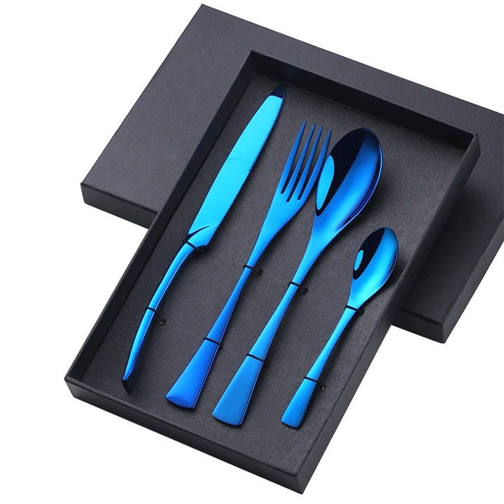 Elegant colorful stainless steel cutlery gift set for modern dining. Stylish flatware dinnerware.