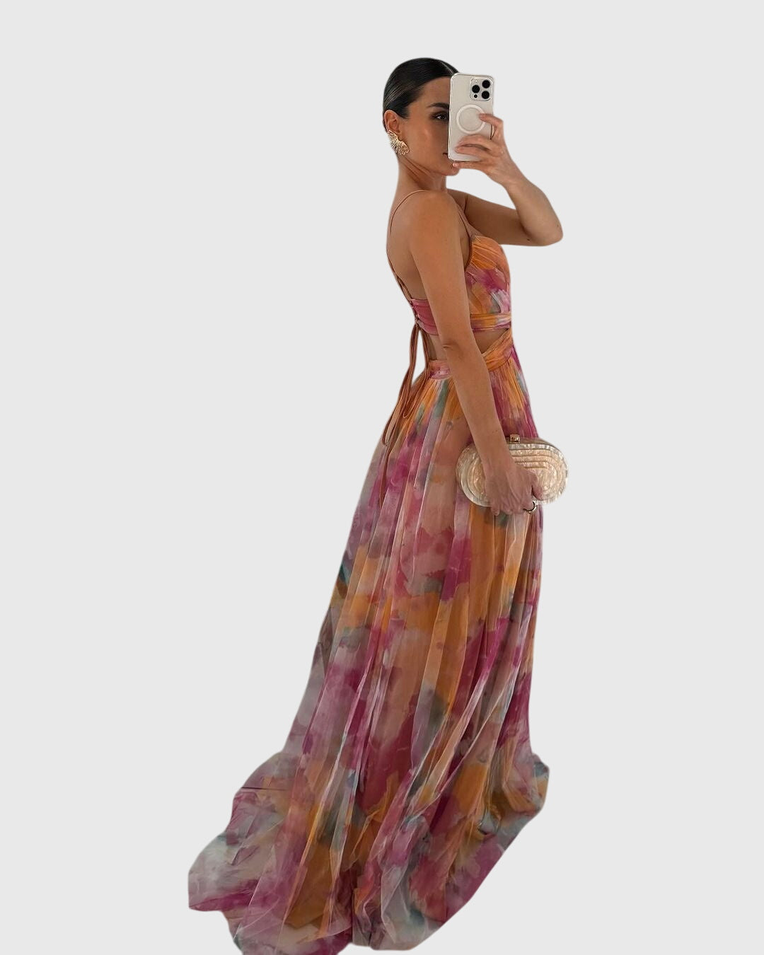 Enchanting floral maxi dress, a vibrant women's summer outfit for parties, vacations, or casual days.