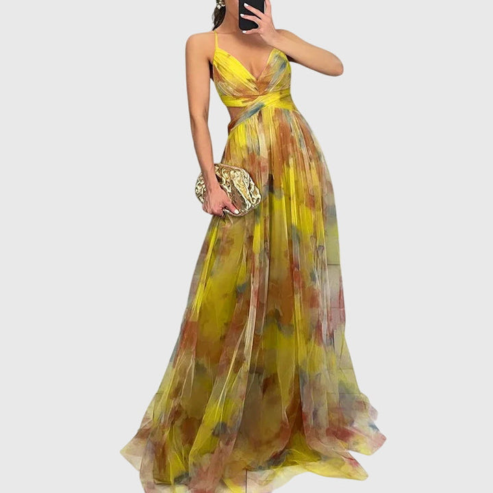 Women's vibrant floral high-waist maxi dress with adjustable straps, great for summer parties & casual wear.
