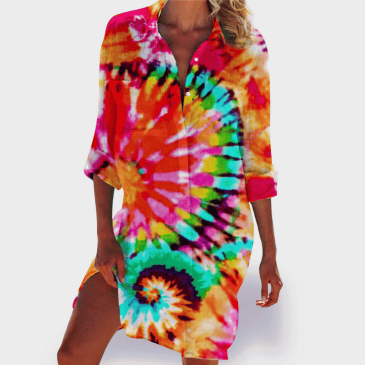 Vibrant flowy draped dress for women, perfect for summer style & comfort. Elegant and flattering ladies fashion.