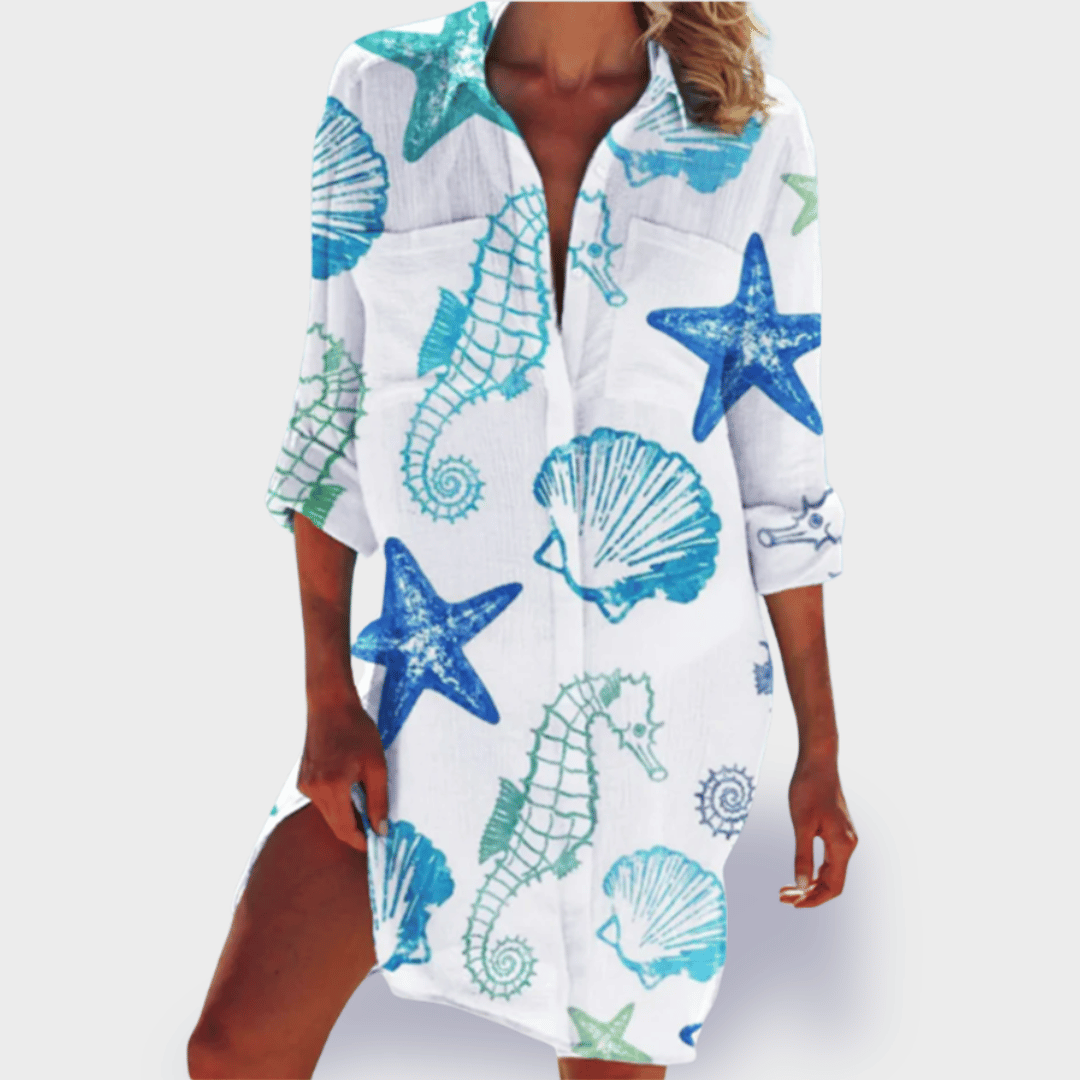 Comfortable vibrant flowy draped dress for women. Effortless elegant casual style, ideal for any occasion.