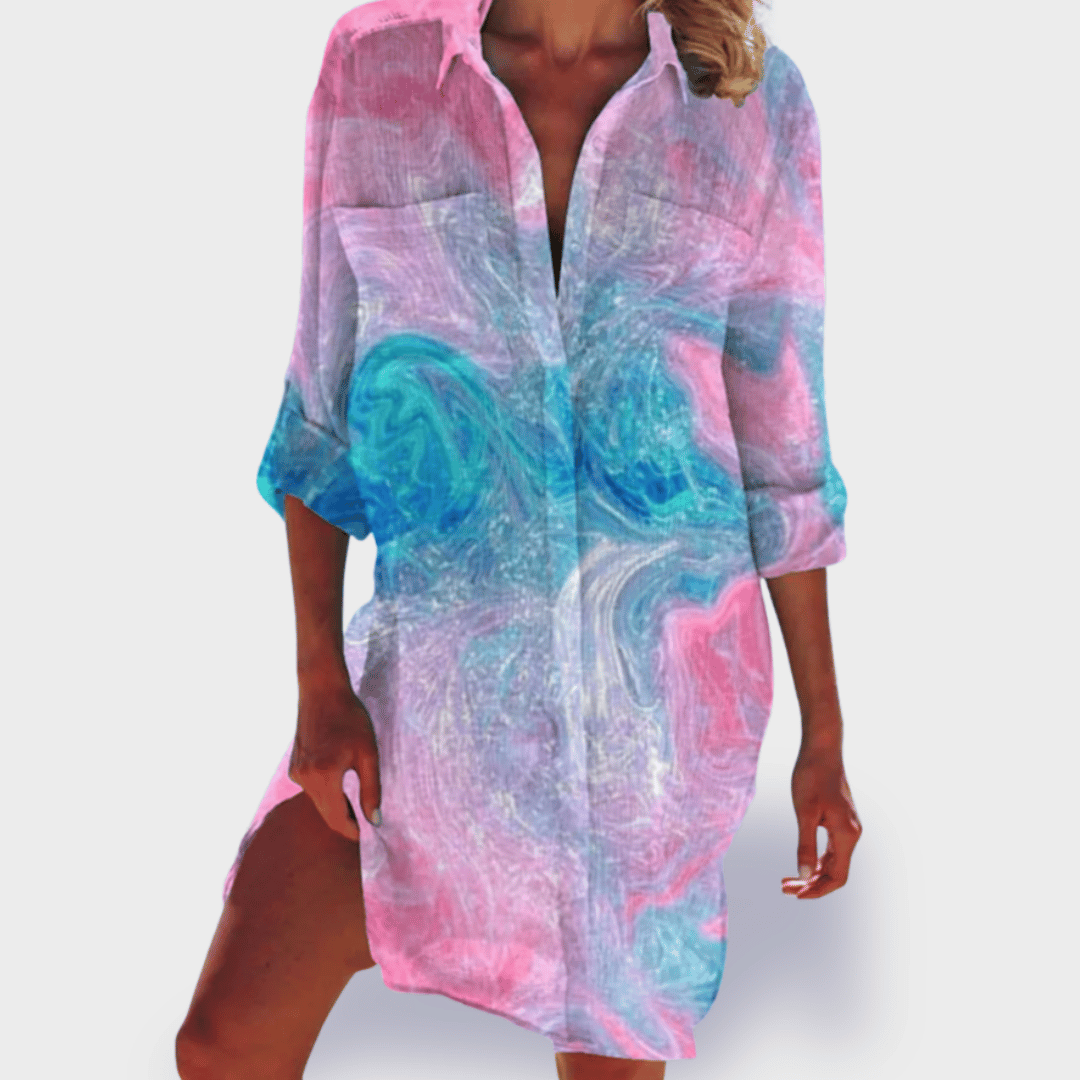 Plus size vibrant flowy draped dress for women. Comfortable & flattering, perfect for elegant casual wear.