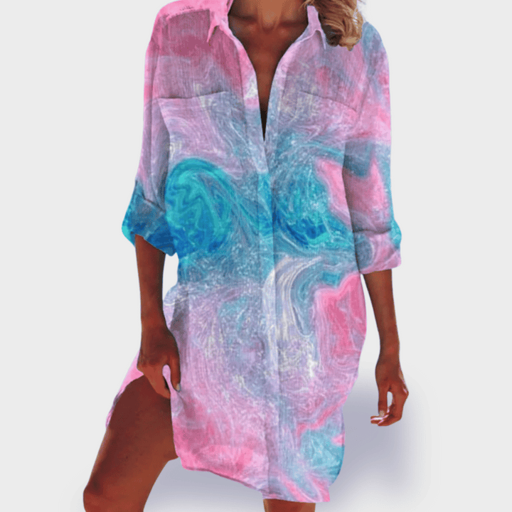 Plus size vibrant flowy draped dress for women. Comfortable & flattering, perfect for elegant casual wear.