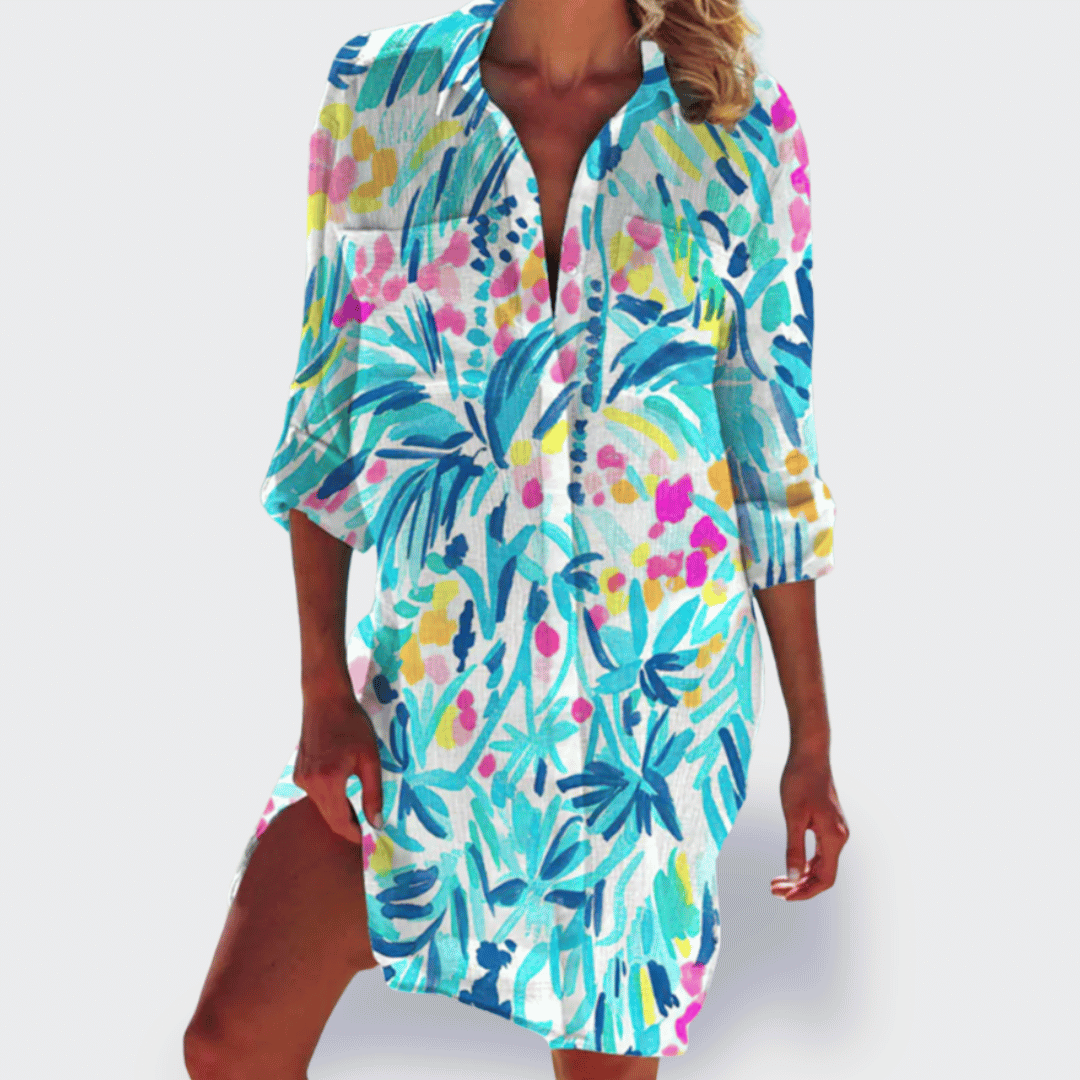 Effortless vibrant flowy draped dress for women. Ultimate comfort and style for a chic summer fashion statement.