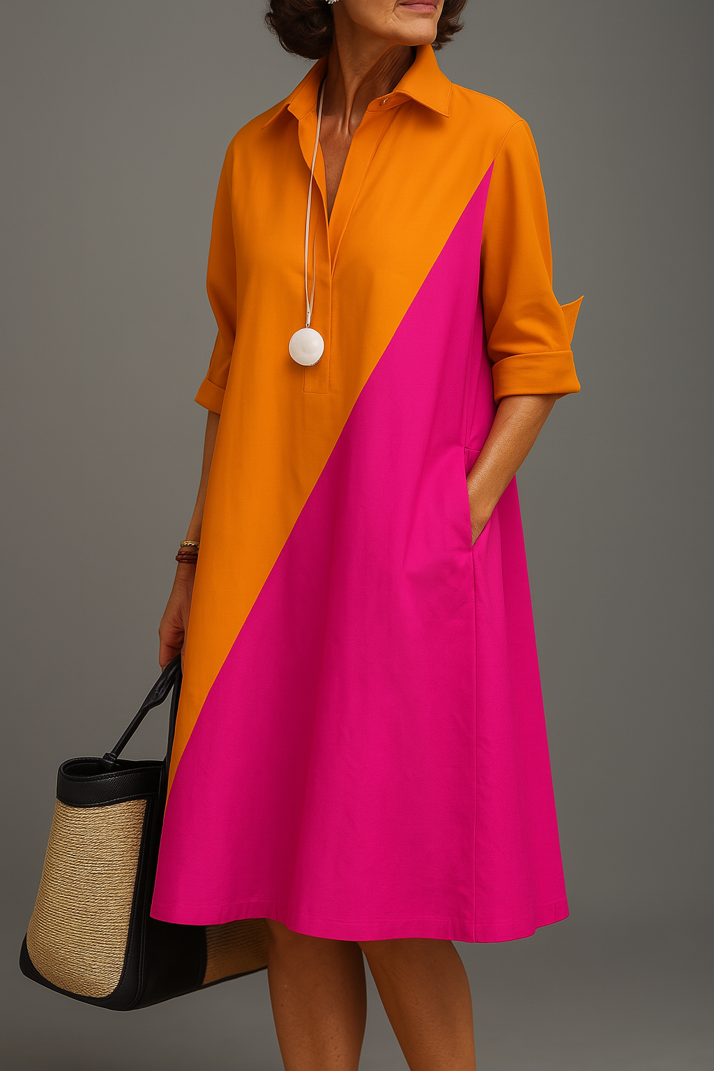 Vibrant fuchsia & orange colorblock A-line shirt dress for women. Elegant, casual summer style with a flowy fit.