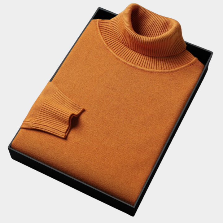 Stylish men's roll neck sweater in a vibrant bold color, ideal for autumn layering or a casual elegant look.