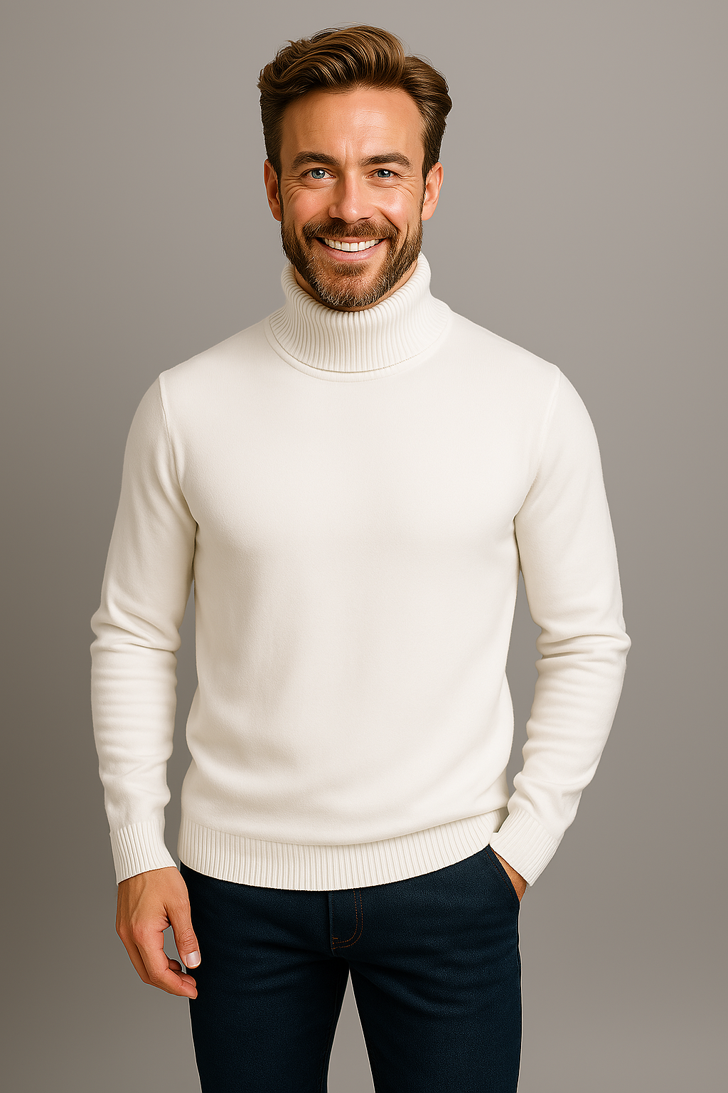 Elegant men's vibrant turtleneck sweater in a bold color. Stylish slim fit design for modern casual autumn wear.