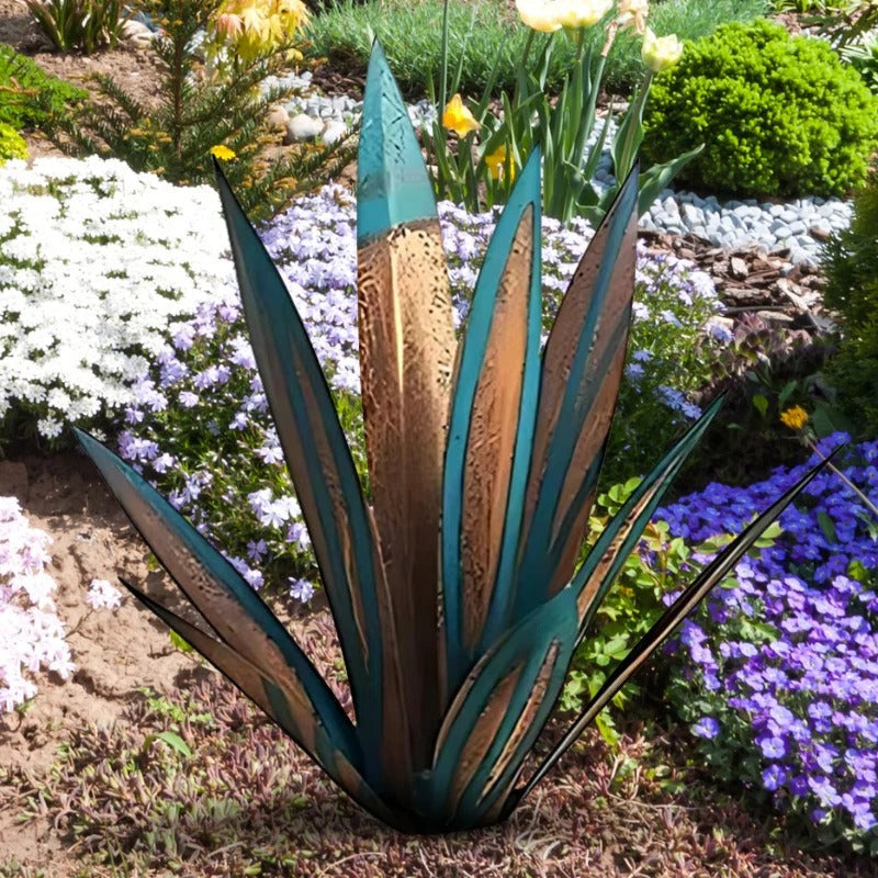 Vibrant metal agave decorative plant, perfect outdoor garden accent & maintenance-free yard art sculpture.