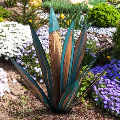 Vibrant metal agave decorative plant, perfect outdoor garden accent & maintenance-free yard art sculpture.