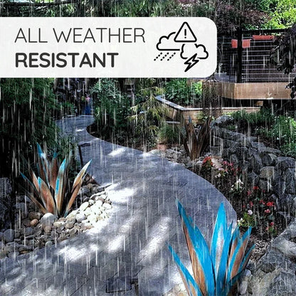 Eye-catching metal agave decorative plant, vibrant outdoor garden accent and rustic metal sculpture.