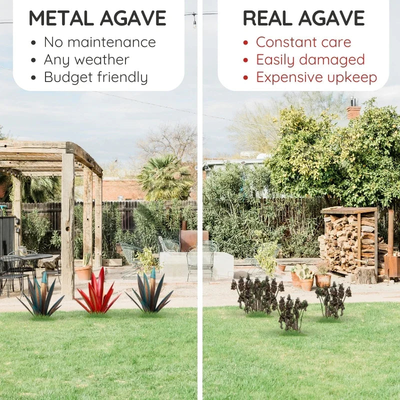 Spiky, vibrant metal agave decorative plant, perfect outdoor garden accent & maintenance-free yard art sculpture.