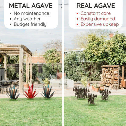 Spiky, vibrant metal agave decorative plant, perfect outdoor garden accent & maintenance-free yard art sculpture.