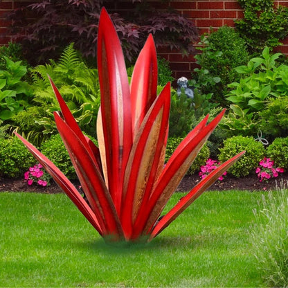 Weather-resistant metal agave sculpture, a durable & vibrant outdoor desert plant decor for any garden.