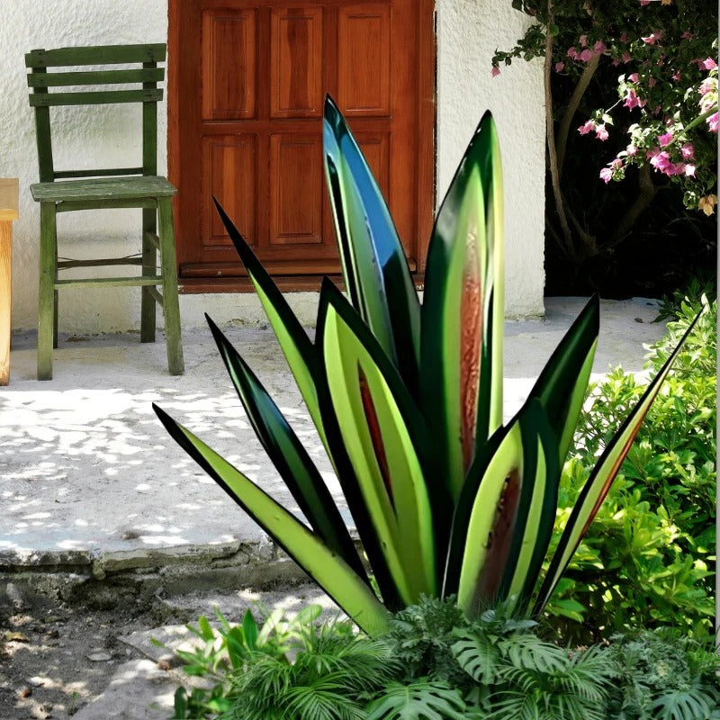 Metal agave plant, a vibrant outdoor garden decor accent. Perfect maintenance-free desert plant sculpture.
