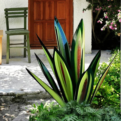 Metal agave plant, a vibrant outdoor garden decor accent. Perfect maintenance-free desert plant sculpture.