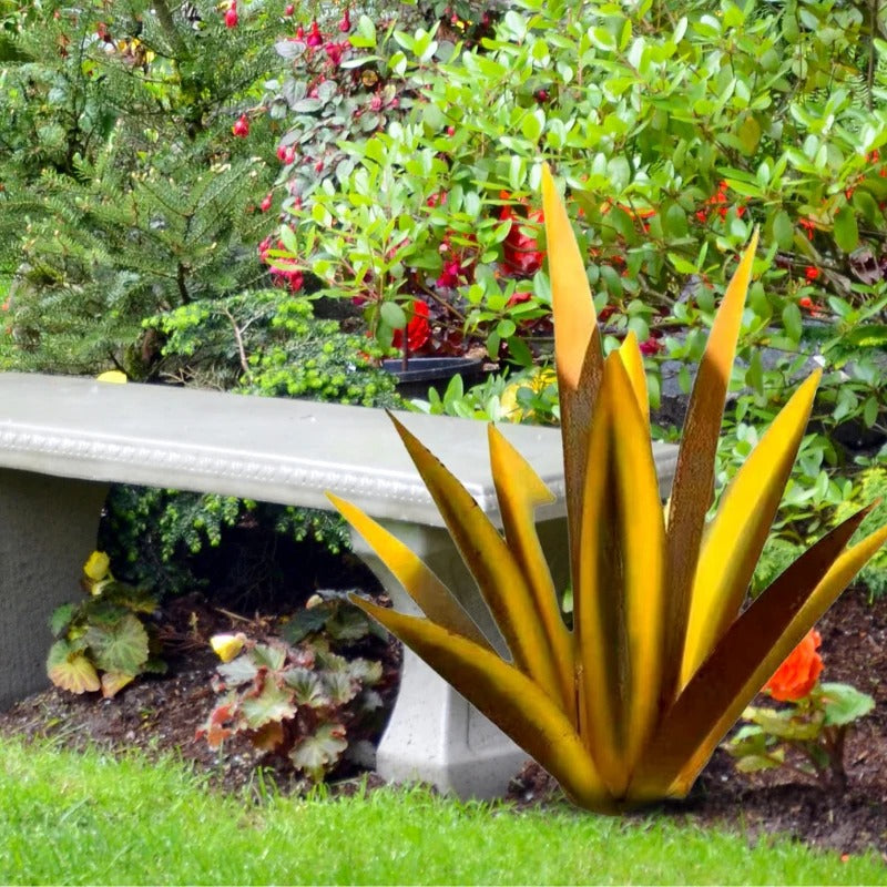 Maintenance-free metal agave sculpture, a vibrant outdoor garden decor & rustic desert plant yard art.