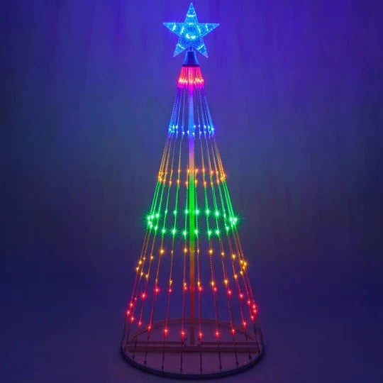Vibrant multicolor LED animated Christmas tree lightshow, perfect outdoor holiday decor for gardens & yards.