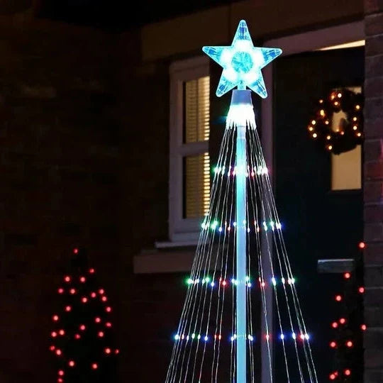 Bright multicolor LED animated Christmas tree light show, bringing joyful outdoor holiday decoration.