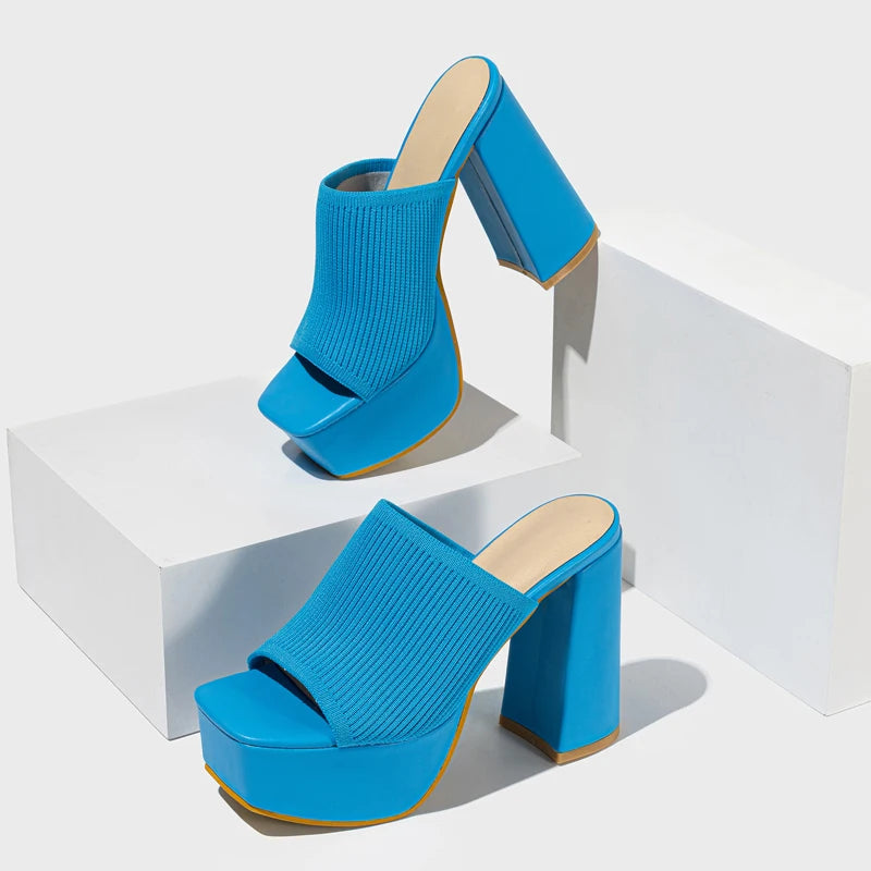 Knitted neon platform heels for women, featuring a chunky Y2K block heel and slip-on mule design.