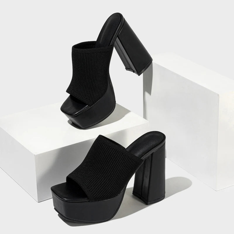 Bright neon women's platform heels, Y2K chunky block heel mules for bold, retro and elevated style.