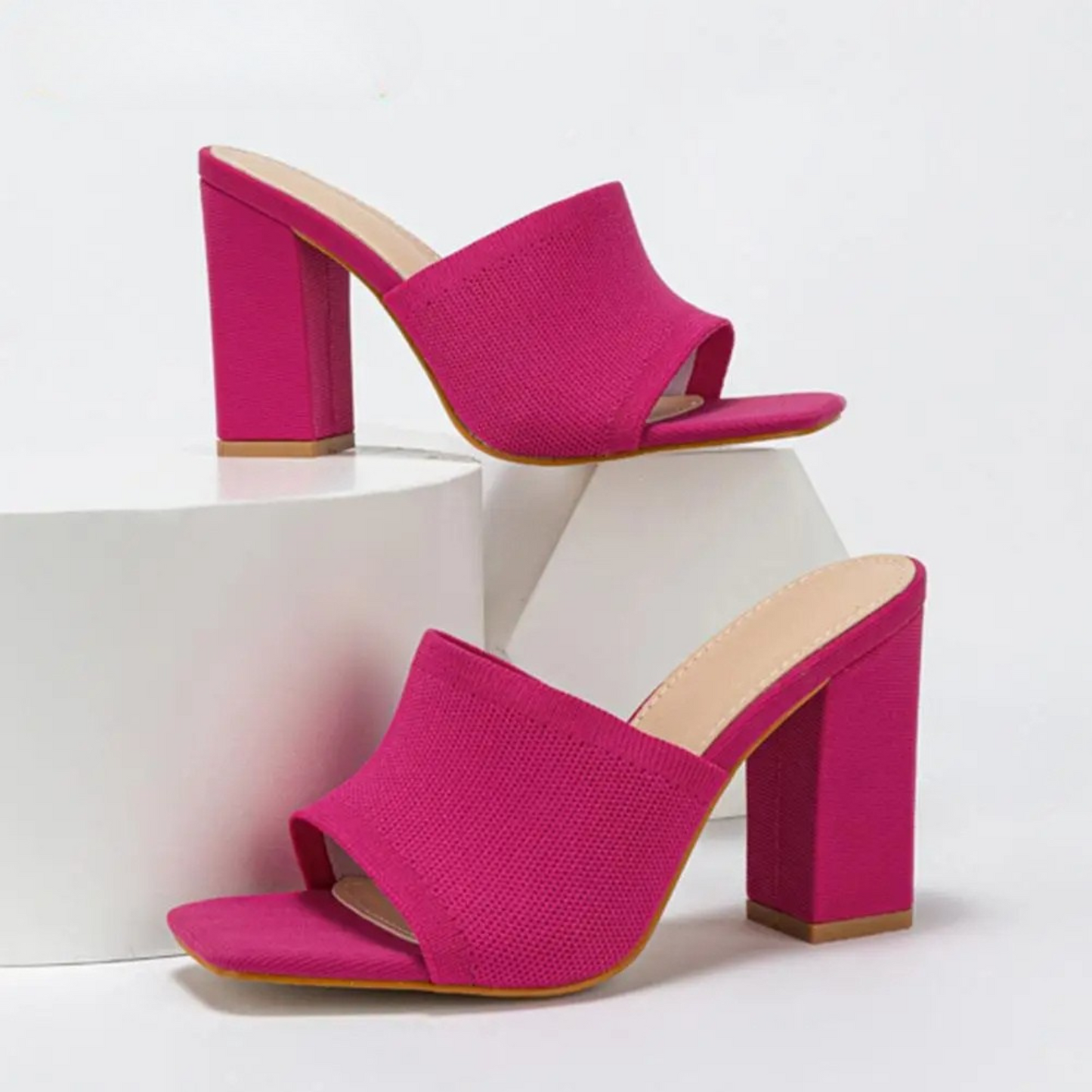 Retro-inspired Y2K neon knit platform heels for women, comfortable chunky block heel slip-on mules.