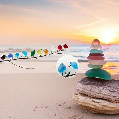 Unique ocean-inspired sea glass bird art, handcrafted on driftwood for a coastal home accent.