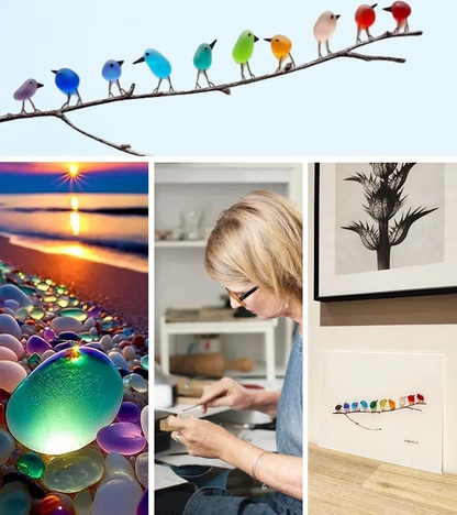 Artistic sea glass bird decor, handmade with colorful ocean treasures on natural driftwood for coastal homes.