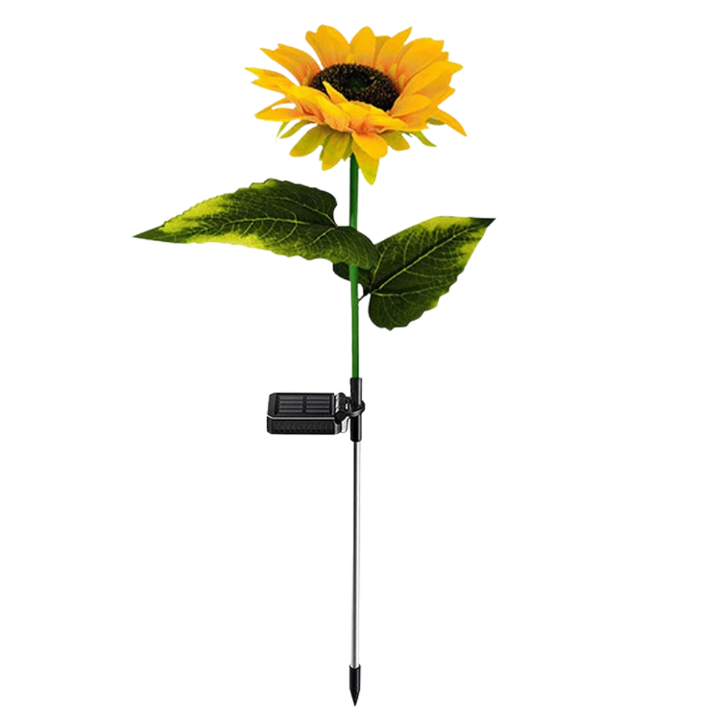 Vibrant solar-powered LED garden flower lights illuminating a lush green lawn at dusk.