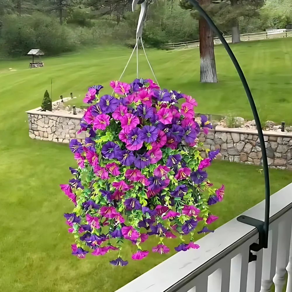 Vibrant UV resistant artificial morning glory hanging decor, perfect for indoor or outdoor balcony & patio.