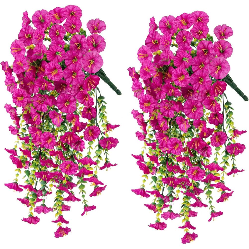 Realistic faux morning glory hanging floral garland. UV resistant artificial flowers for no maintenance outdoor decor.