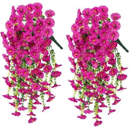 Realistic faux morning glory hanging floral garland. UV resistant artificial flowers for no maintenance outdoor decor.