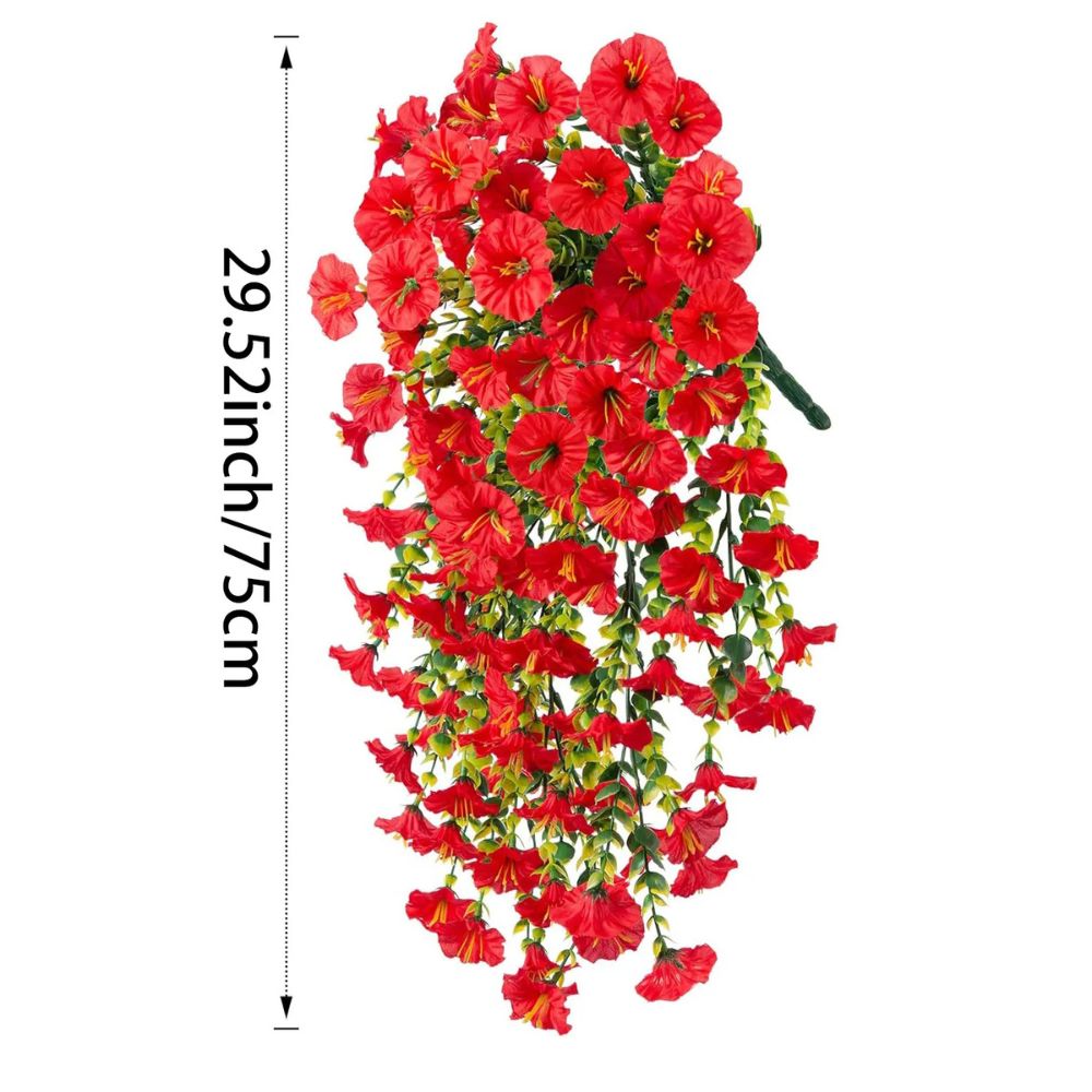 UV resistant artificial morning glory hanging plant. Realistic faux flowers and vines for long-lasting outdoor decor.