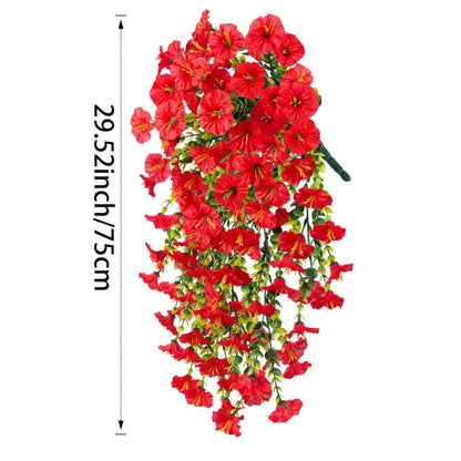 UV resistant artificial morning glory hanging plant. Realistic faux flowers and vines for long-lasting outdoor decor.