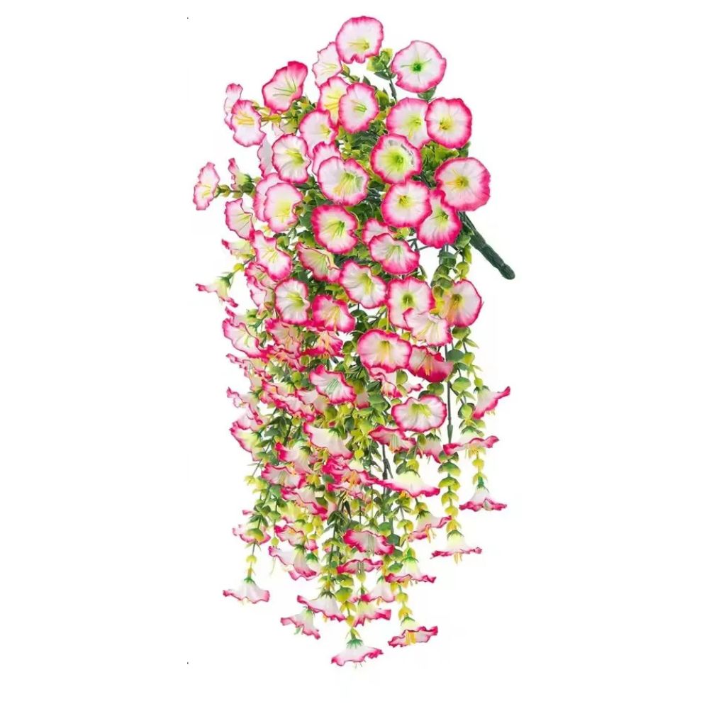 Vibrant artificial morning glory garland. Fake plants ideal for indoor, outdoor, balcony, or patio hanging decor.
