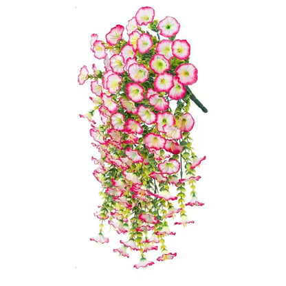Vibrant artificial morning glory garland. Fake plants ideal for indoor, outdoor, balcony, or patio hanging decor.